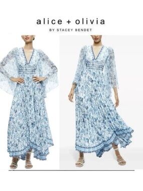 Alice + Olivia Light Blue Floral V-Neck Pleated Maxi Dress